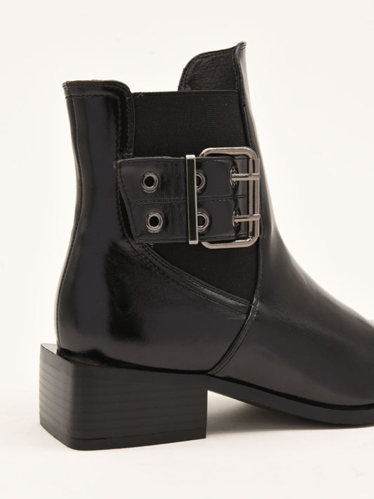 Black Ankle Boot with Adjustable Buckles - Modern Elegance with an Industrial Touch