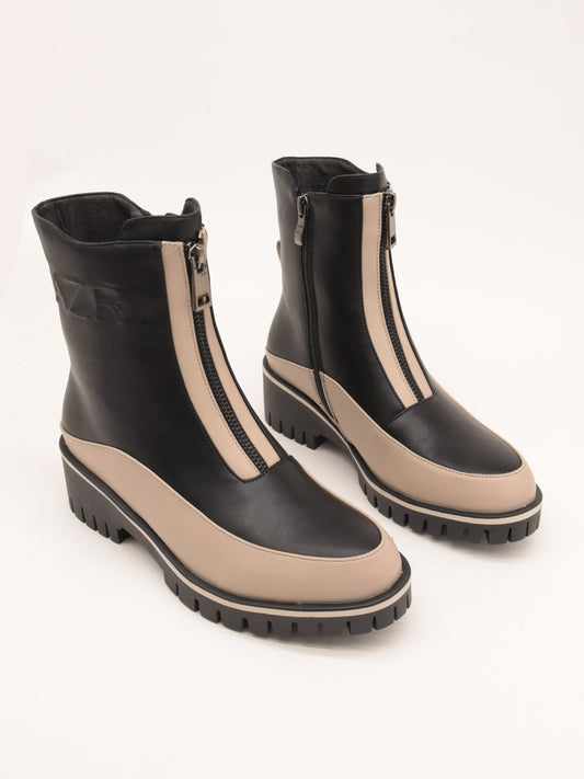 Two-tone ankle boots with front zipper