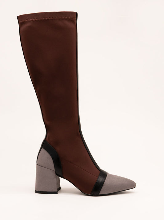 Two-tone brown Lycra high boot with wide heel