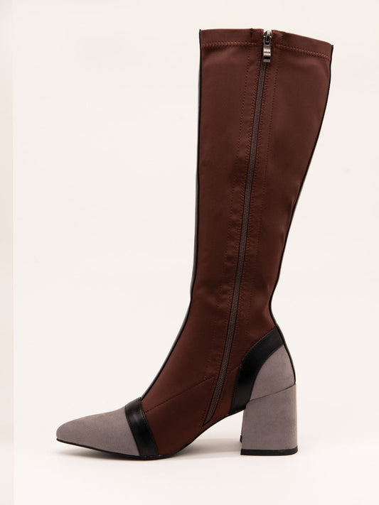 Two-tone brown Lycra high boot with wide heel