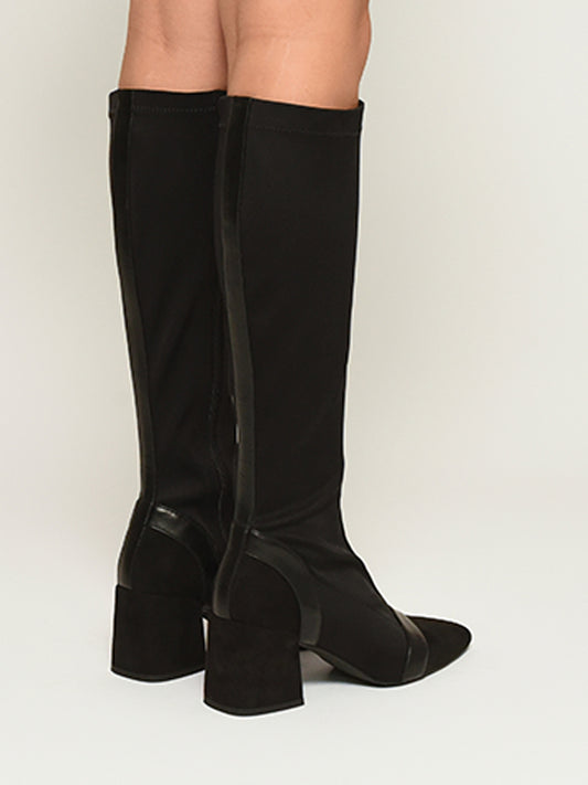 Black Lycra high boot with wide heel