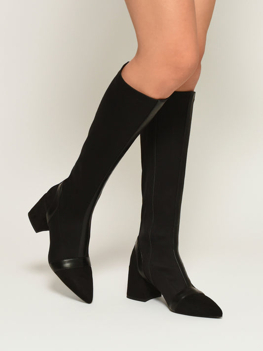 Black Lycra high boot with wide heel