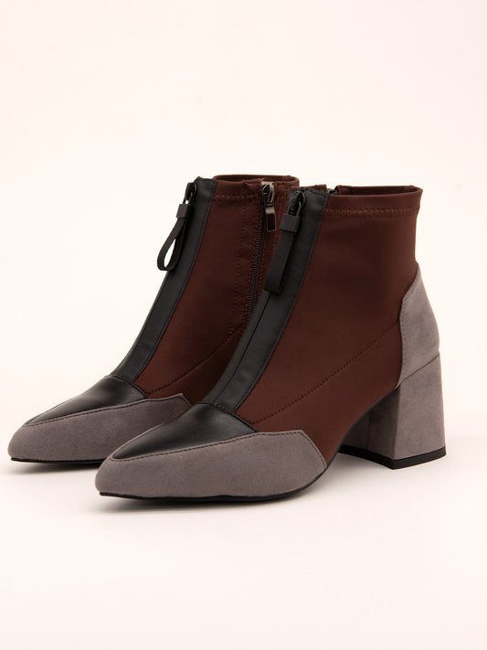 Two-tone grey and brown ankle boots with heel