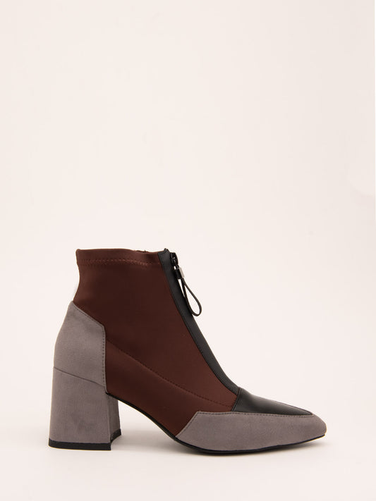 Two-tone grey and brown ankle boots with heel