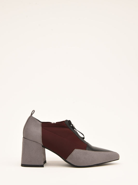 Two-tone grey and burgundy shoes with wide heels