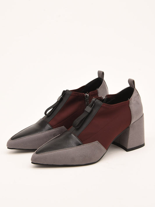 Two-tone grey and burgundy shoes with wide heels