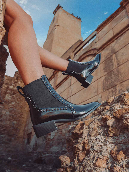 Black Studded Ankle Boot with Elastic - Rebel Elegance