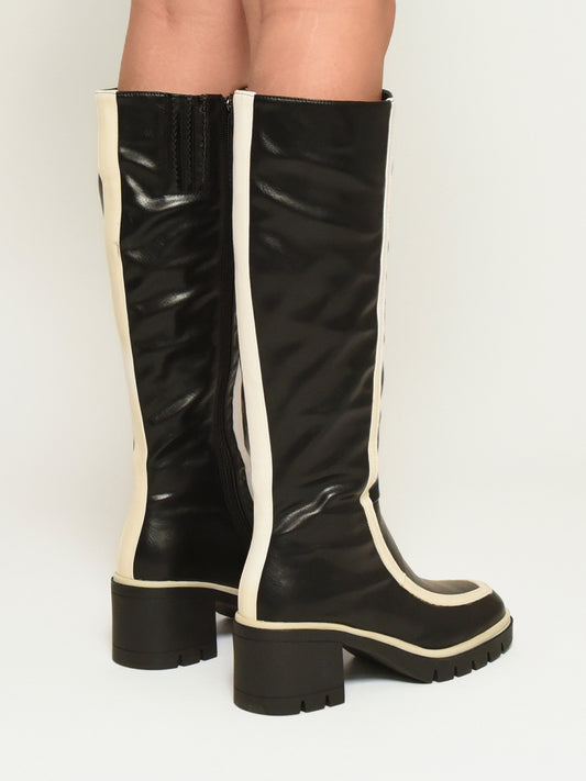 Women's High Boots with White Detail and Thick Heel