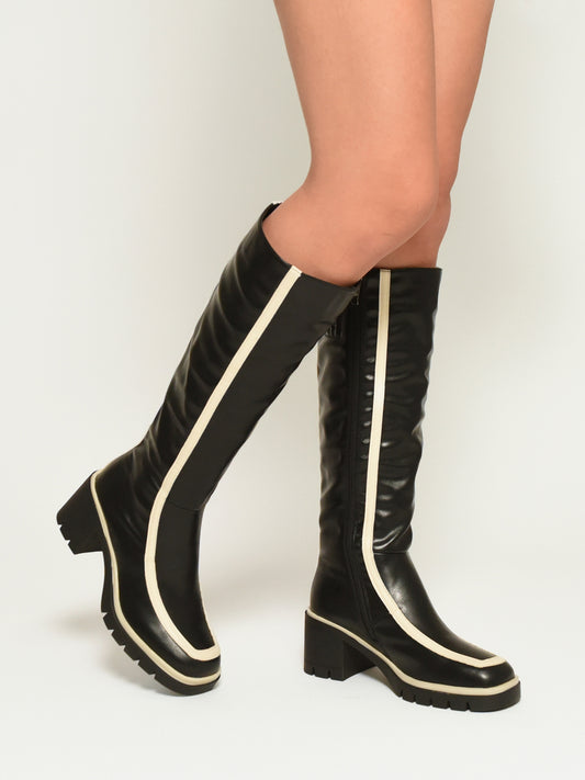 Women's High Boots with White Detail and Thick Heel