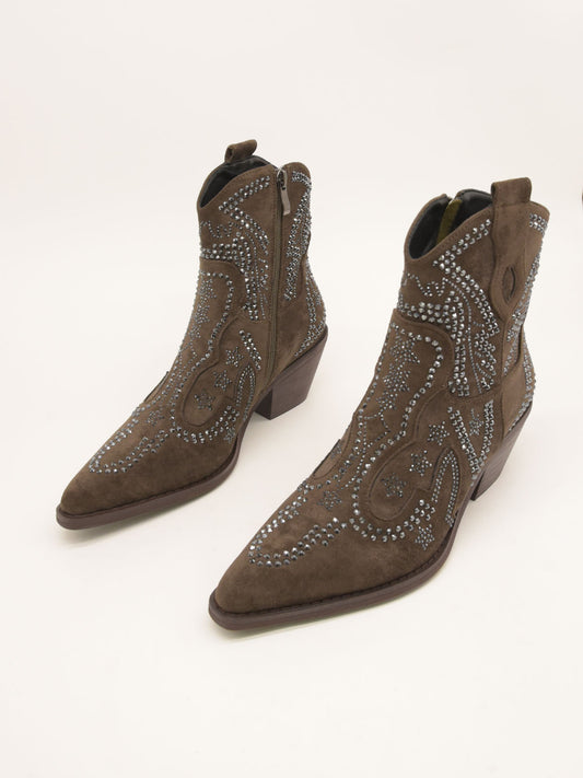 Women's Suede Cowboy Boots with Rhinestone Embellishments