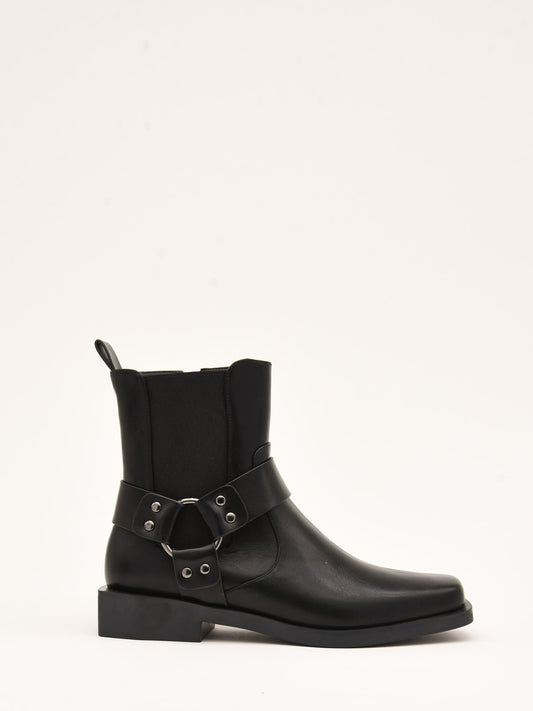 Black Leather Effect Ankle Boots with Buckle