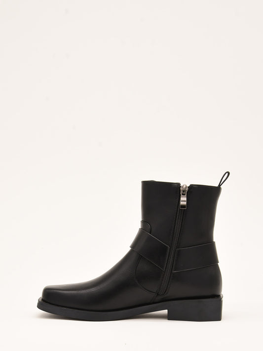 Black Leather Effect Ankle Boots with Buckle