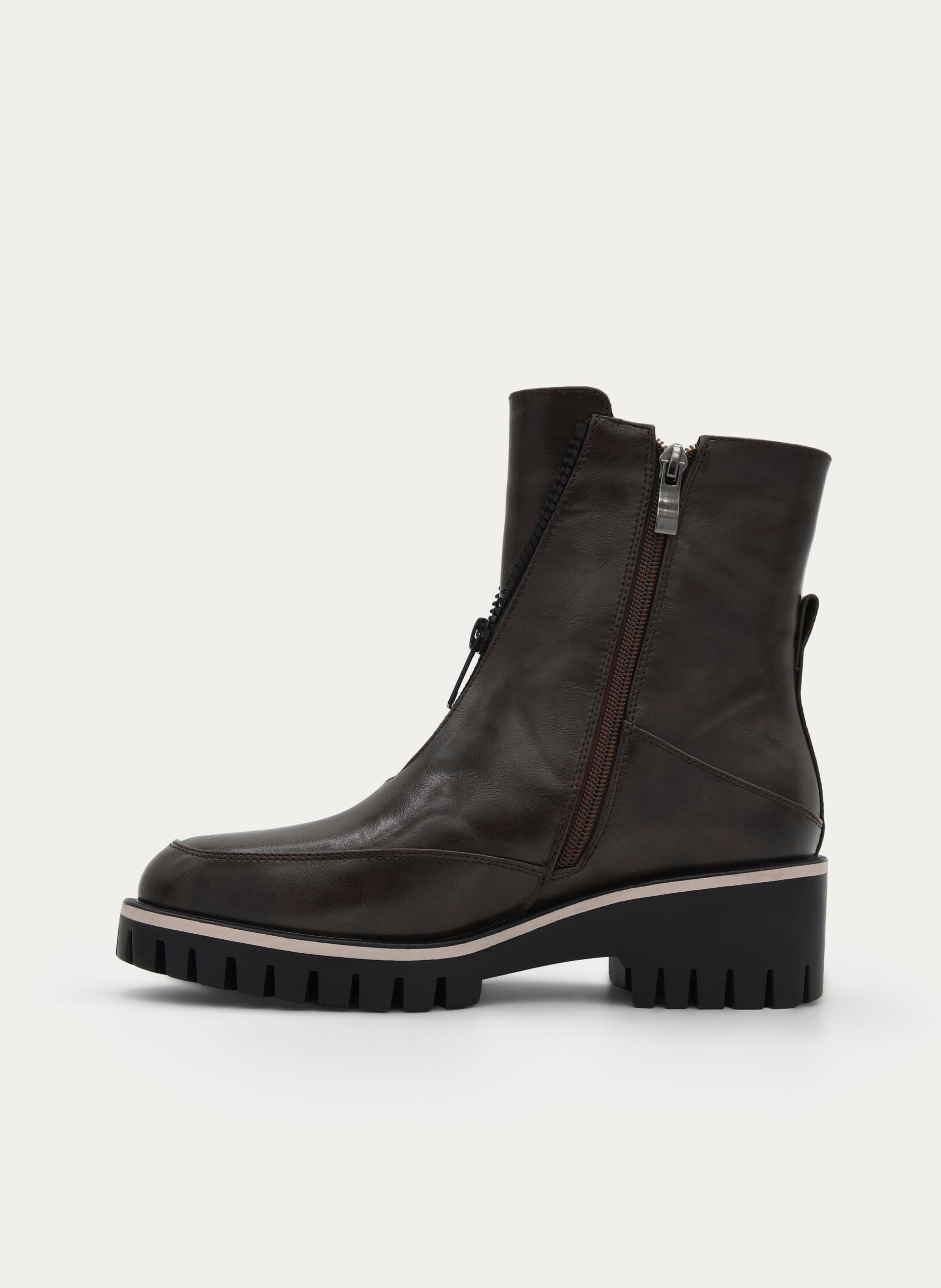 Chocolate Brown Ankle Boot with Track Sole and Front Zipper