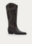 Brown high boot with studs and medium heel.