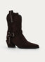Brown cowboy-style boot with buckle.