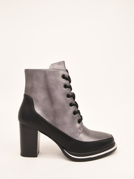 Lead Metallic High Heel Lace Up Ankle Boots