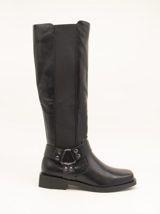 Black Leather Knee High Boots with Decorative Buckle