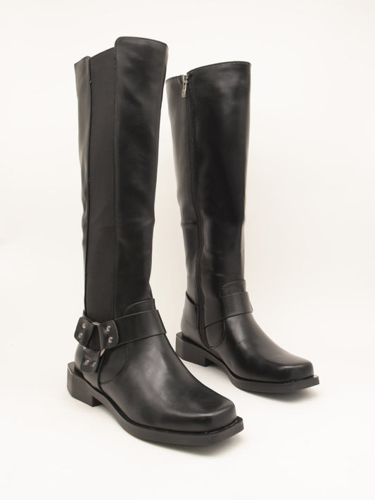 Black Leather Knee High Boots with Decorative Buckle