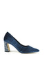Blue velvet pump with rhinestone heel