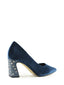 Blue velvet pump with rhinestone heel