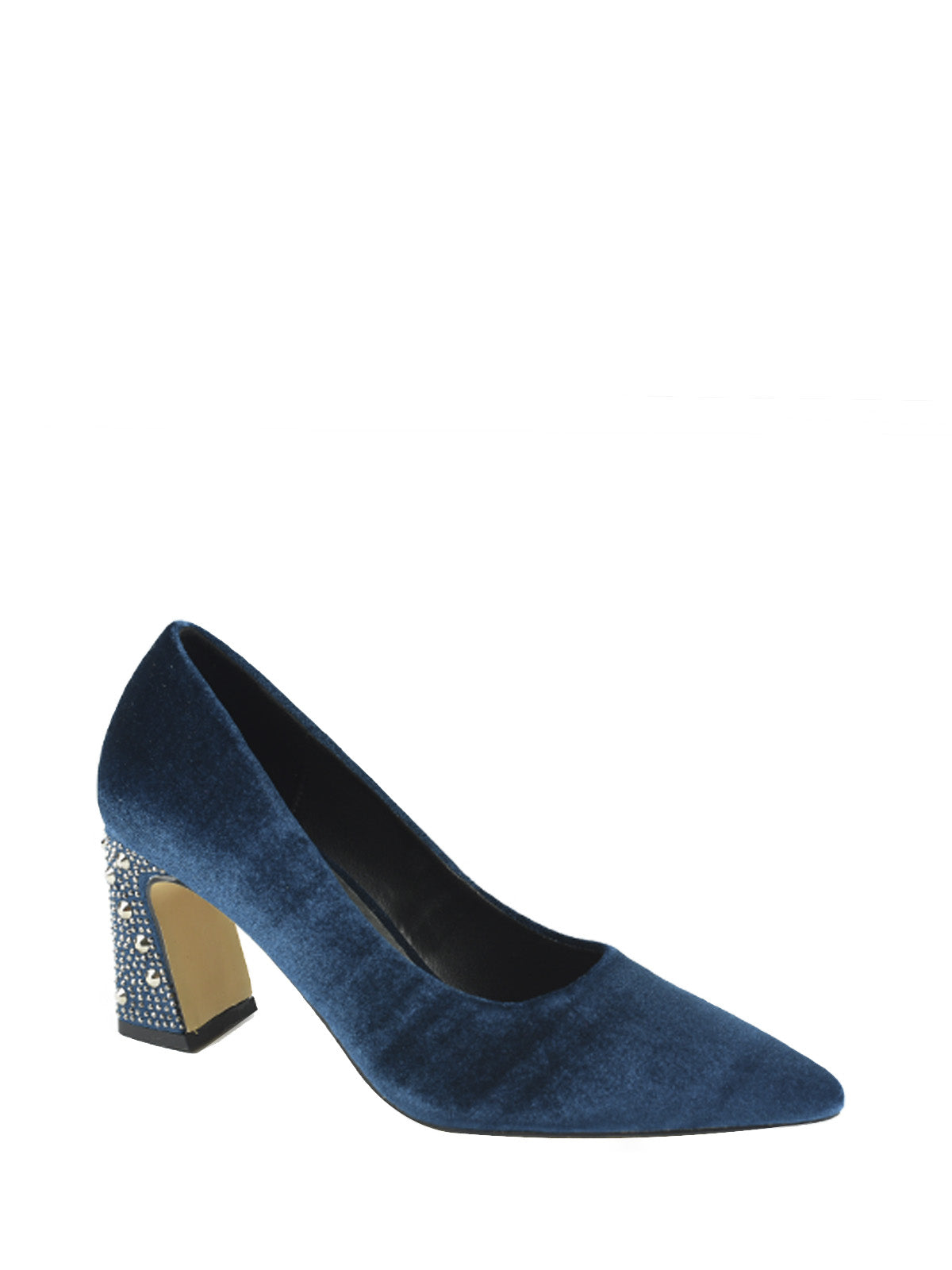 Zapato de salón azul terciopelo y tacón de pedredría