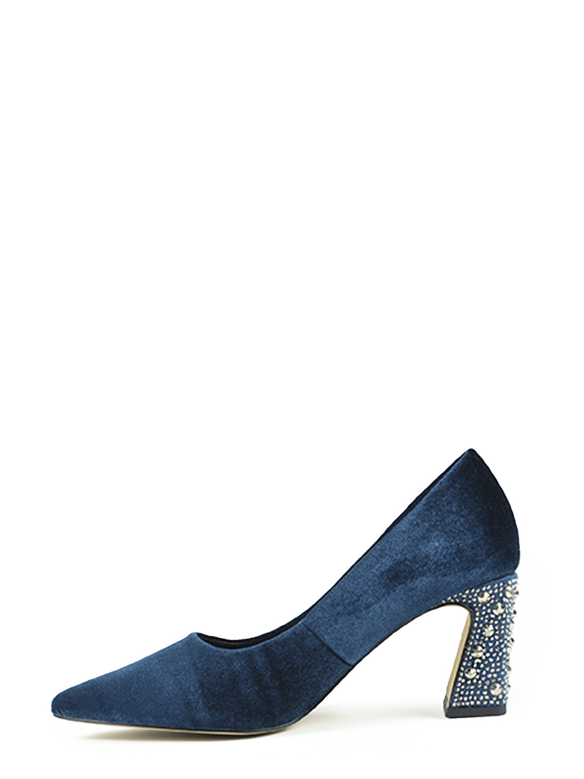 Zapato de salón azul terciopelo y tacón de pedredría