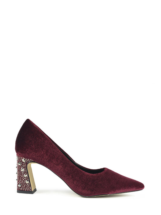 Burgundy velvet pumps with rhinestone heels