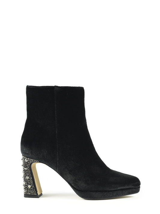 Black platform ankle boot with rhinestone heel