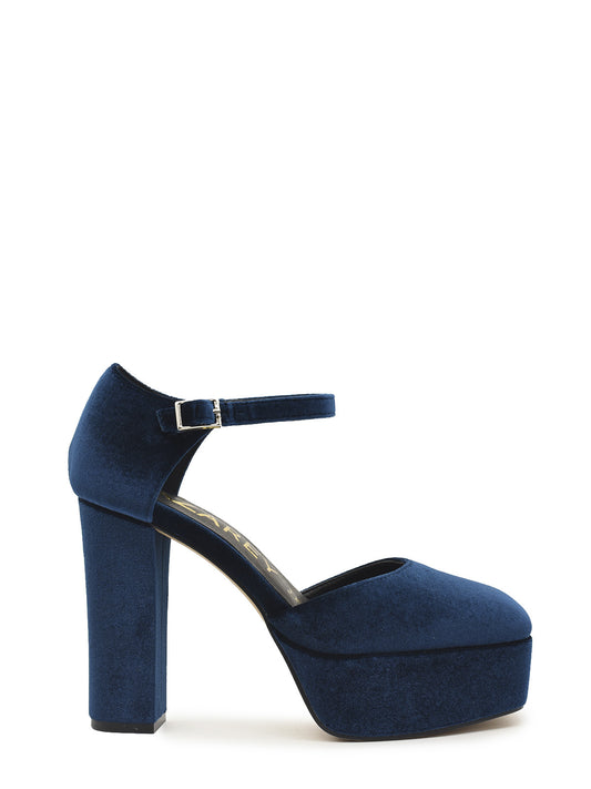 Zapato de terciopelo con plataforma en color azul y cierre de hebilla