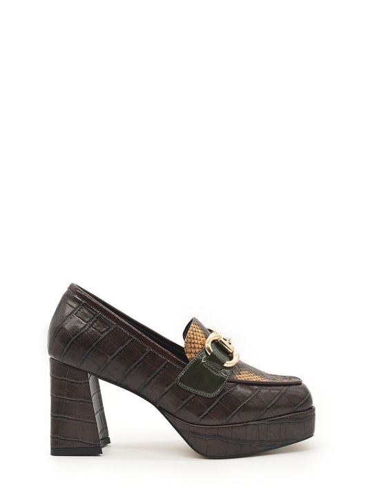 Platform loafers with coconut and snake print in multicolored brown