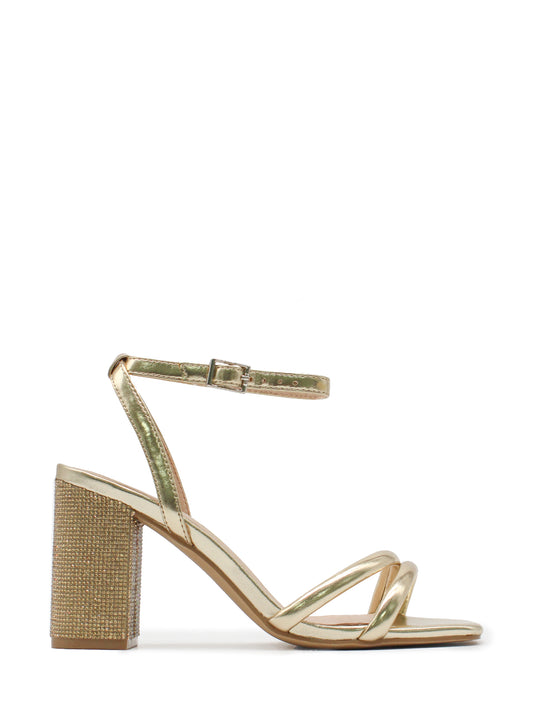 Metallic sandal with rhinestone heel