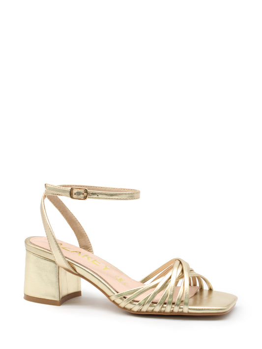Gold metallic sandal with crossed straps