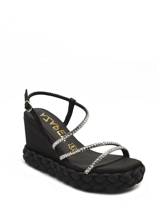 Black satin wedge sandal with strappy rhinestones