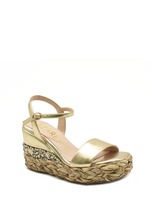 Metallic gold wedge sandal with rhinestones