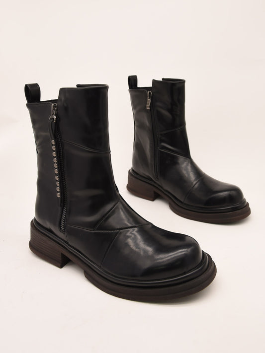 Black Leather Biker Boots with Zipper and Metallic Details