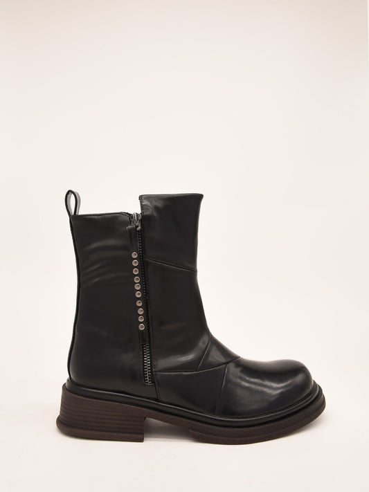 Black Leather Biker Boots with Zipper and Metallic Details