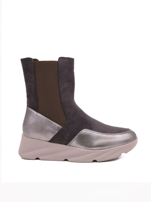 Grey Wedge Ankle Boots with Patent Leather Details