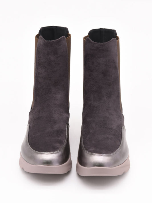 Grey Wedge Ankle Boots with Patent Leather Details