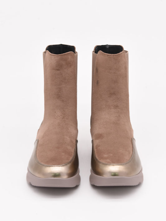 Taupe Wedge Ankle Boots with Patent Leather Details