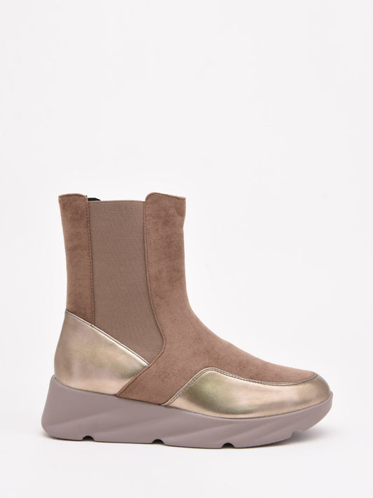 Taupe Wedge Ankle Boots with Patent Leather Details