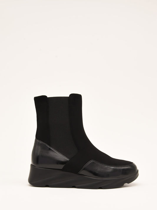 Black Wedge Ankle Boots with Patent Leather Details