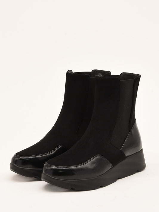 Black Wedge Ankle Boots with Patent Leather Details