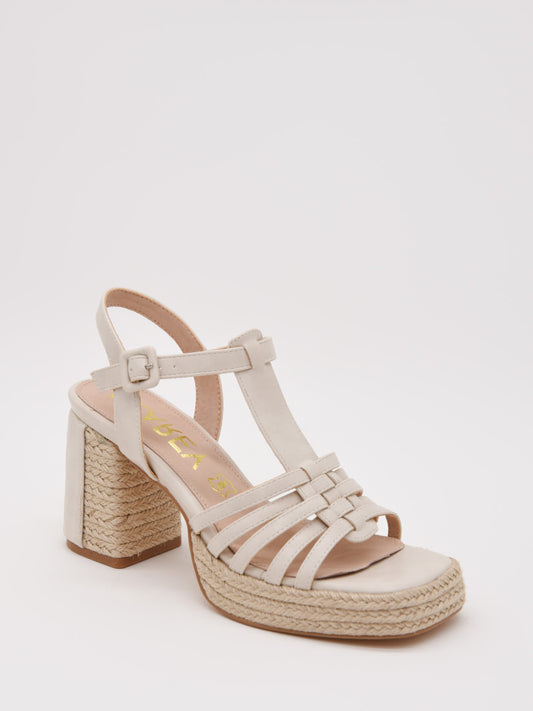 Sandalias de tacón con plataforma de yute y tiras beige