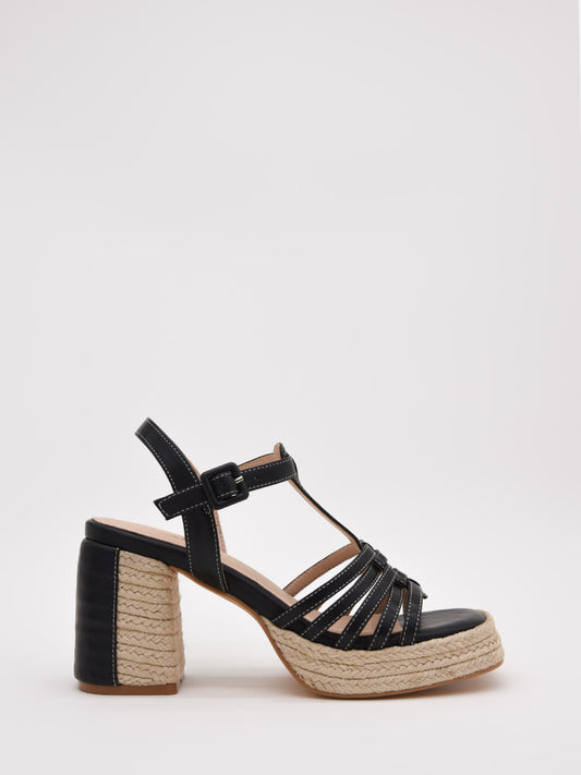 Sandalias de tacón negro con plataforma de yute