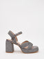 Metallic gray square-heeled platform sandals