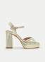 SANDALIA DORADA CON PLATAFORMA Y TACÓN ANCHO DE TIRAS