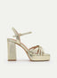 SANDALIA DORADA METALIZADA DE TACÓN ANCHO CON PLATAFORMA Y TIRAS FINAS