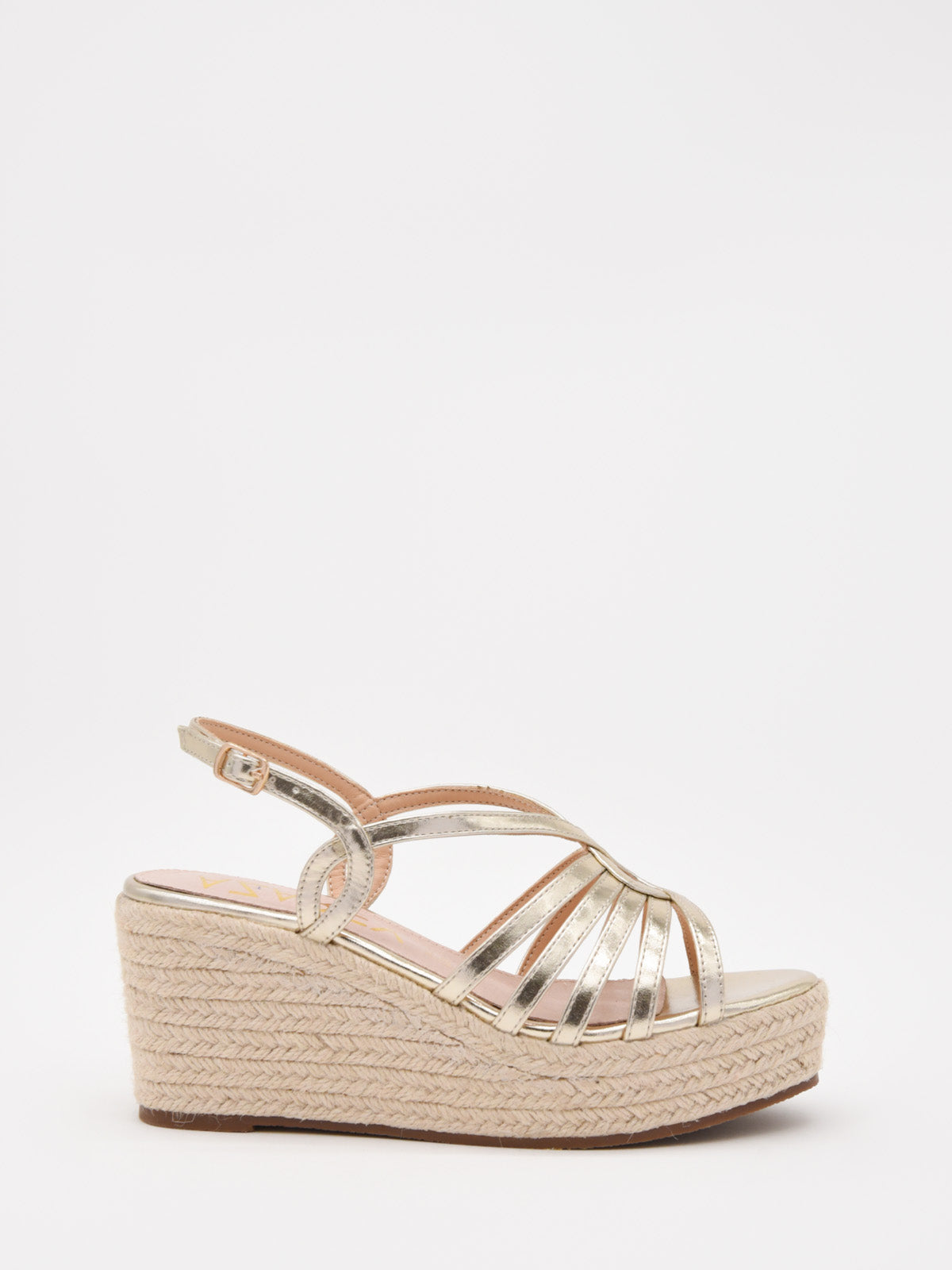 Metallic gold wedges with crisscross straps