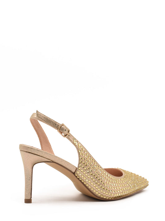 Golden slingback shoe with rhinestones