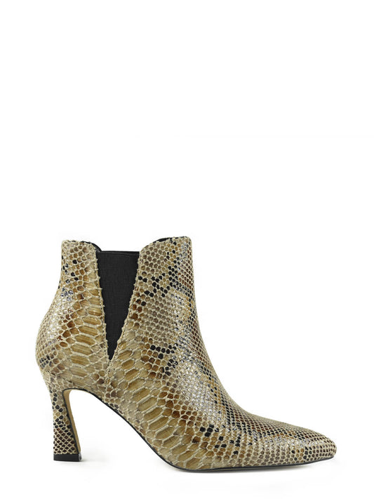 Beige ankle boots with thin heels with snake print